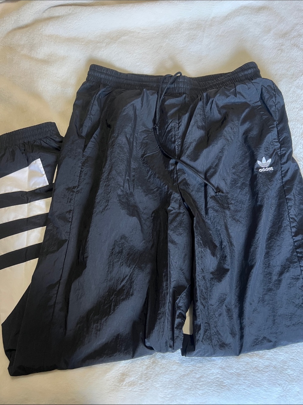 adidas Women Black Nylon Trefoil Windbreaker Pants with White Stripes Size M